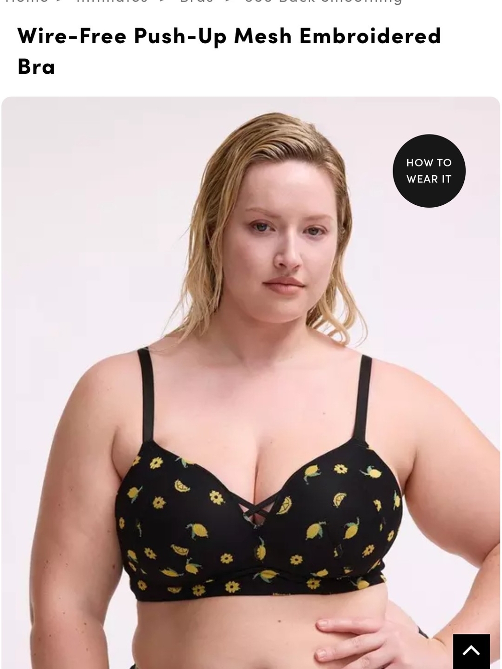 Torrid Wire-Free Push-Up Mesh Embroidered Bra - Black with Yellow Floral 44DD